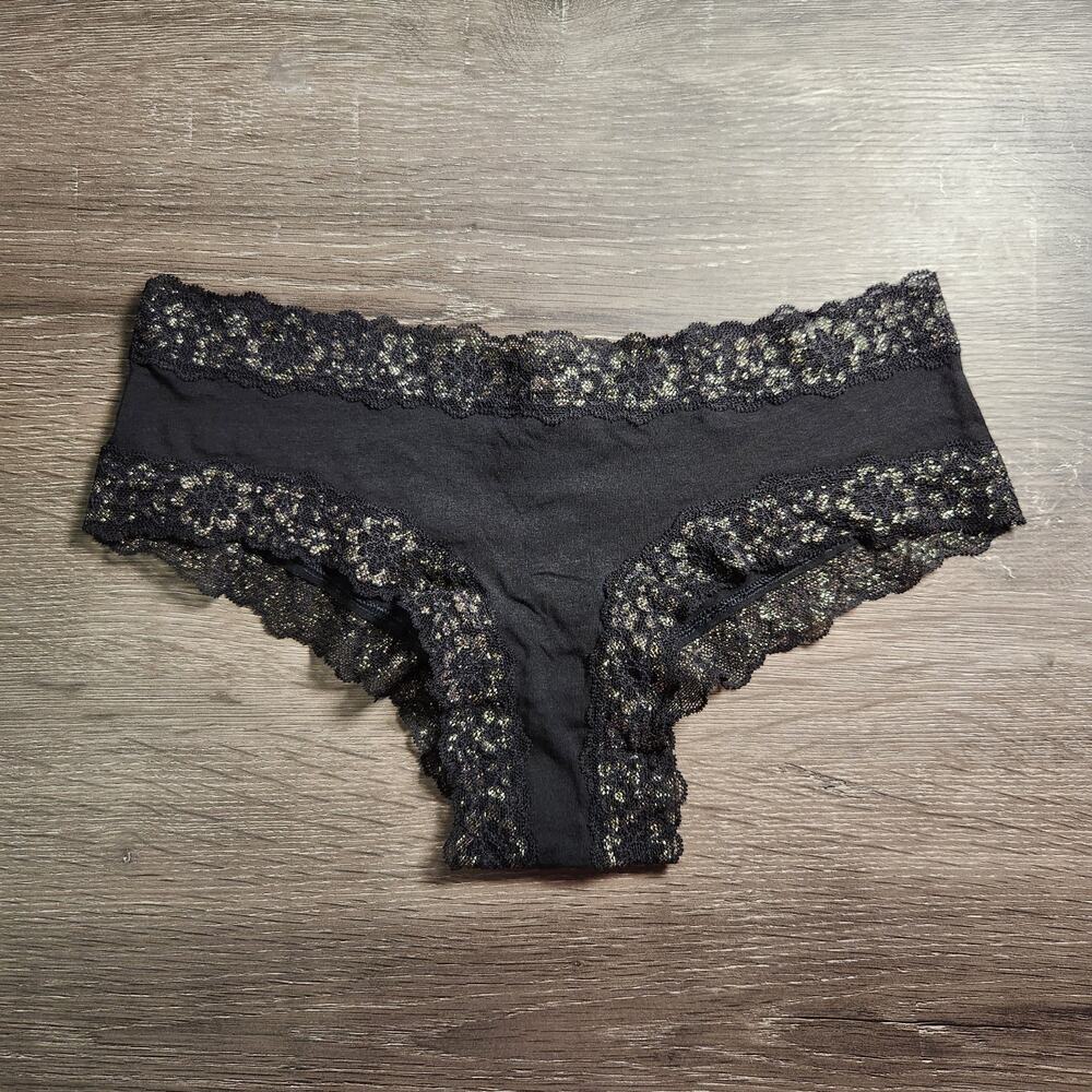 Victoria's Secret Black and Gold Lace Trim Cotton Cheeky Panty - Medium